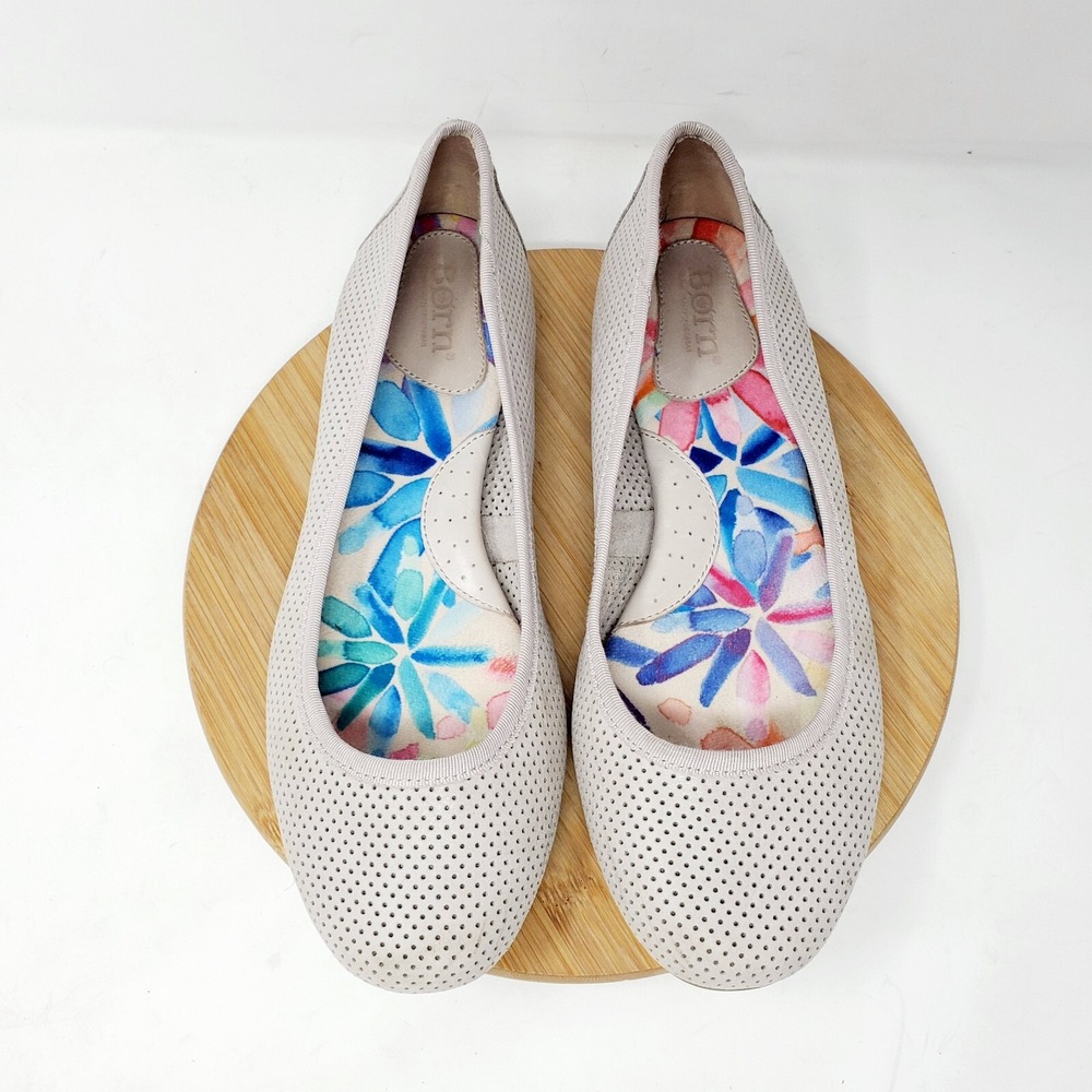 Born Shoes Womens 8 Ballet Flats Grey Leather‎ Perforated Dots Comfort Slip On